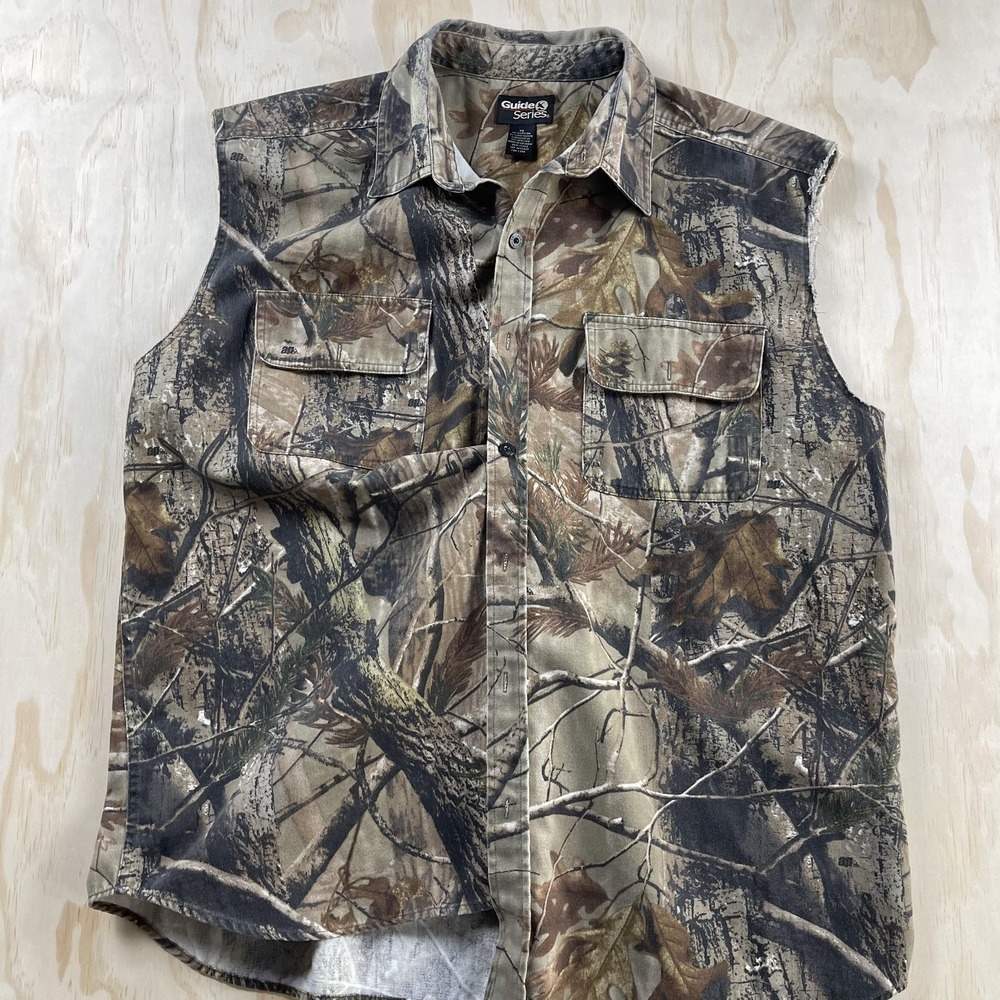 Y2K Guide Series Shirt Mens XL Camo Sleeveless Button Up Hunting Canvas Workwear
